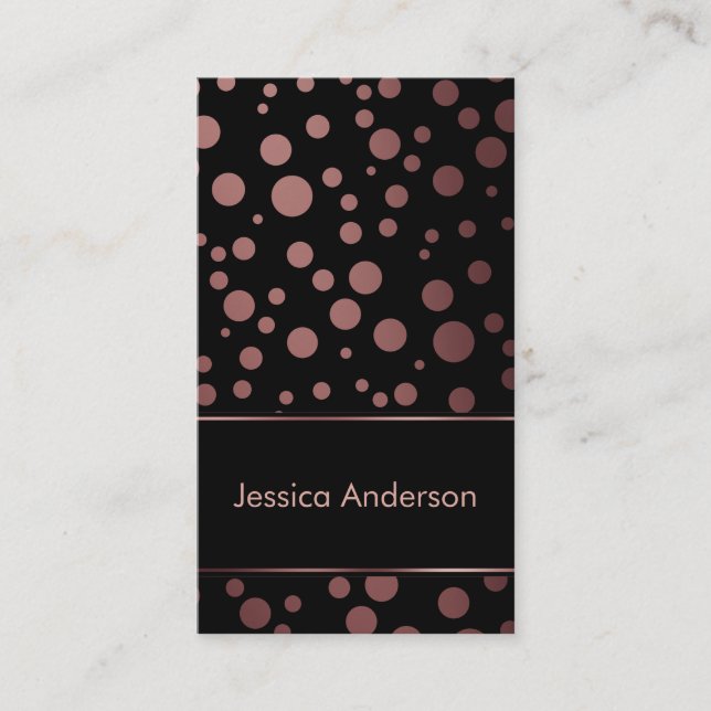 Black with Rose Gold Confetti Bubbles Pattern Business Card (Front)