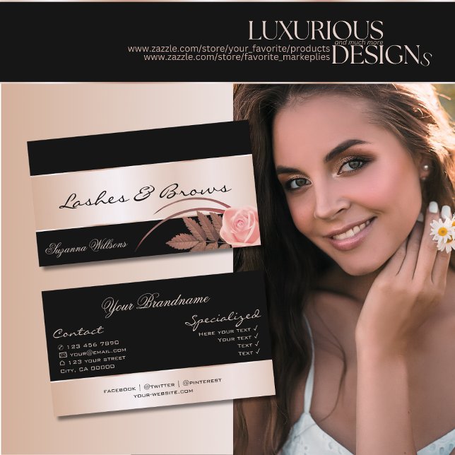 Black with Rose Gold Decor and Gorgeous Flower Business Card (Creator Uploaded)