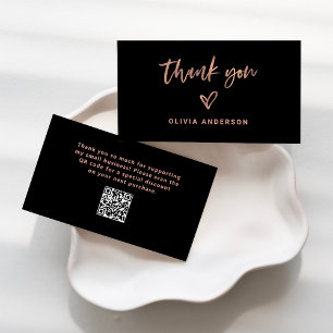 Black with Rose Gold Script and Heart   Thank You Business Card