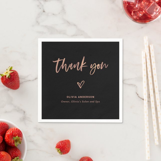 Black with Rose Gold Script and Heart | Thank You Napkin (Insitu)