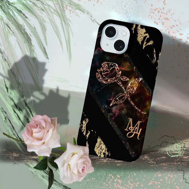 Black with Rose Monogram  iPhone 15 Case (Black with Rose Monogram iPhone 15 Case)