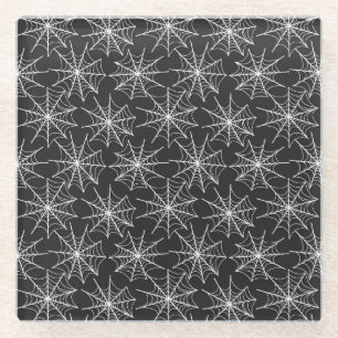 BLACK WITH ROWS OF LITTLE WHITE HALLOWEEN COBWEBS GLASS COASTER