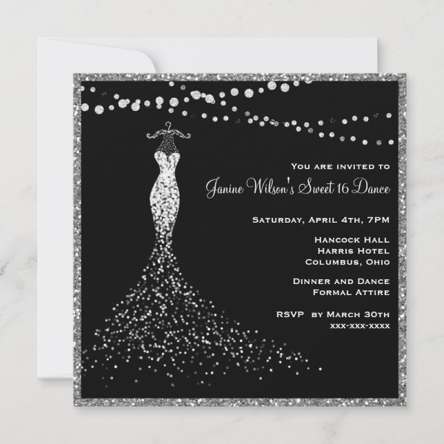 Black with Silver Glitter Sweet 16 Invitation (Front)