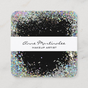 Black with Silver Holigraphic Look Faux Glitter Square Business Card