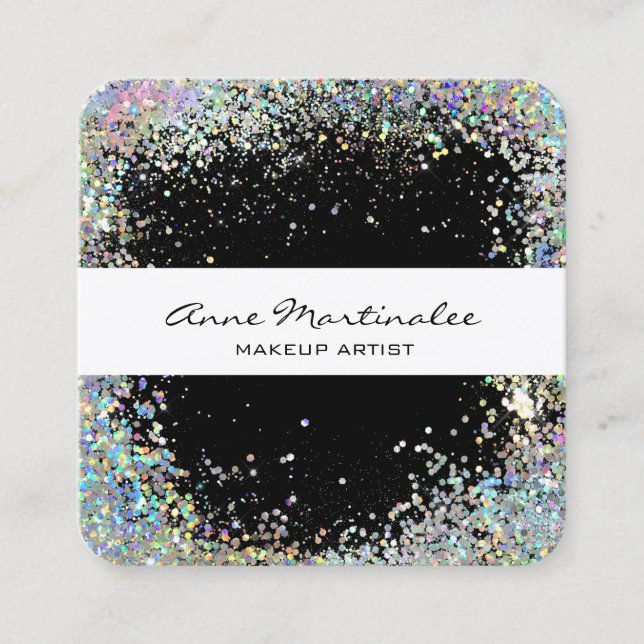 Black with Silver Holigraphic Look Faux Glitter Square Business Card (Front)