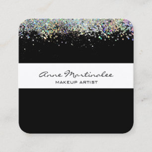 Black with Silver Holographic Look Faux Glitter  Square Business Card