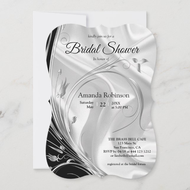 Black with Silver on Champagne Silk Bridal Shower Invitation (Front)