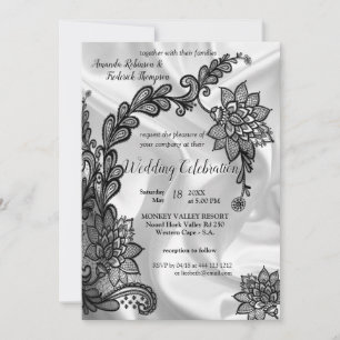 Black with Silver on Champagne Silk Wedding Invita Invitation