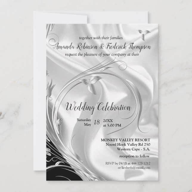 Black with Silver on Champagne Silk Wedding Invitation (Front)