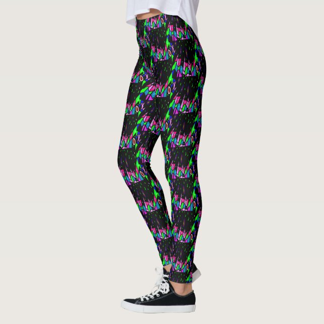 Black with tiny patterns in pink and green super leggings (Left)