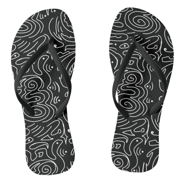 Black with White Abstract Wavy Line Jandals (Footbed)