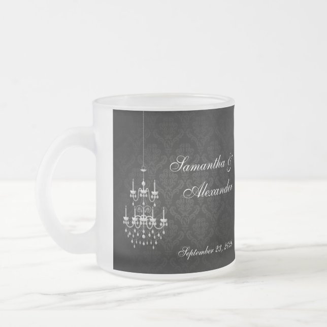 Black with White Chandelier Silhouette Frosted Glass Coffee Mug (Left)