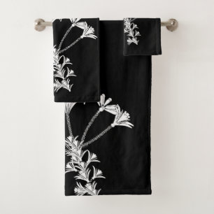 Black With White Floral Towel Set
