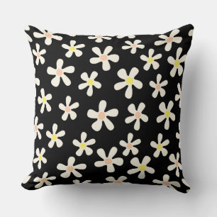 Black with white flowers Throw Pillow