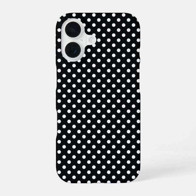 Black with white polka dots iPhone 16 case (Back)