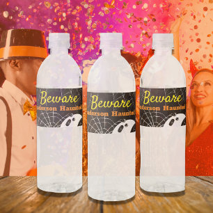 Black with White Spider Webs and cute Modern Ghost Water Bottle Label