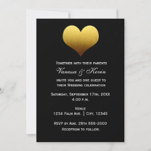 Black with white Striped Gold Heart Invitation