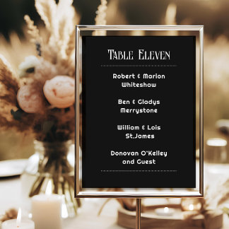 Black With White Table Number Guest List Card