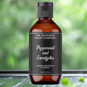 Black with white text cosmetics bottle label