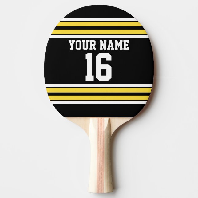 Black with Yellow White Stripes Team Jersey Ping Pong Paddle (Front)