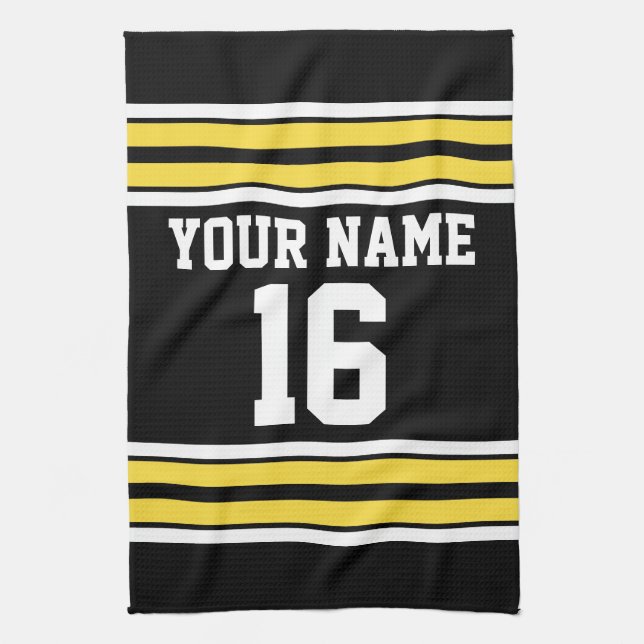 Black with Yellow White Stripes Team Jersey Tea Towel (Vertical)