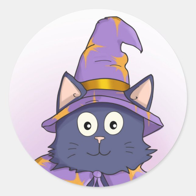 Black Wizard Cat with Purple Hat Classic Round Sticker (Front)