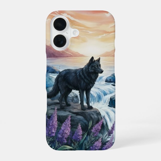 black wolf by water fall at sunrise  iPhone 16 case (Back)