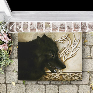 Black Wolf Celtic Dragon Knotwork Fantasy Doormat