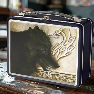 Black Wolf Celtic Dragon Knotwork Fantasy Metal Lunch Box