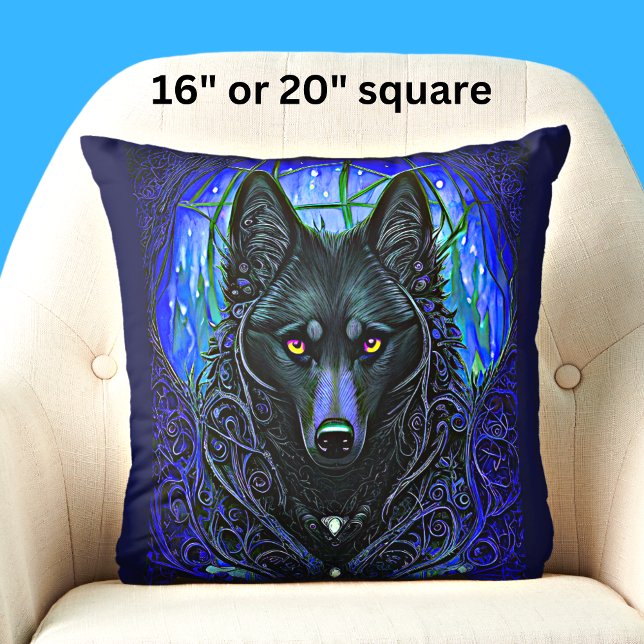 Black Wolf Dog on Blue  Cushion (Creator Uploaded)