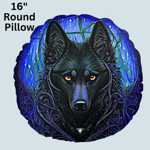 Black Wolf Dog on Blue   Round Cushion