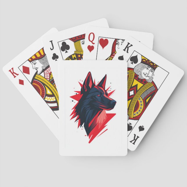 Black Wolf Dog with Red Accents Playing Cards (Back)