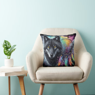 Black Wolf Dreamcatcher Cosmic Storm Cushion