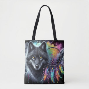 Black Wolf Dreamcatcher Cosmic Storm Tote Bag