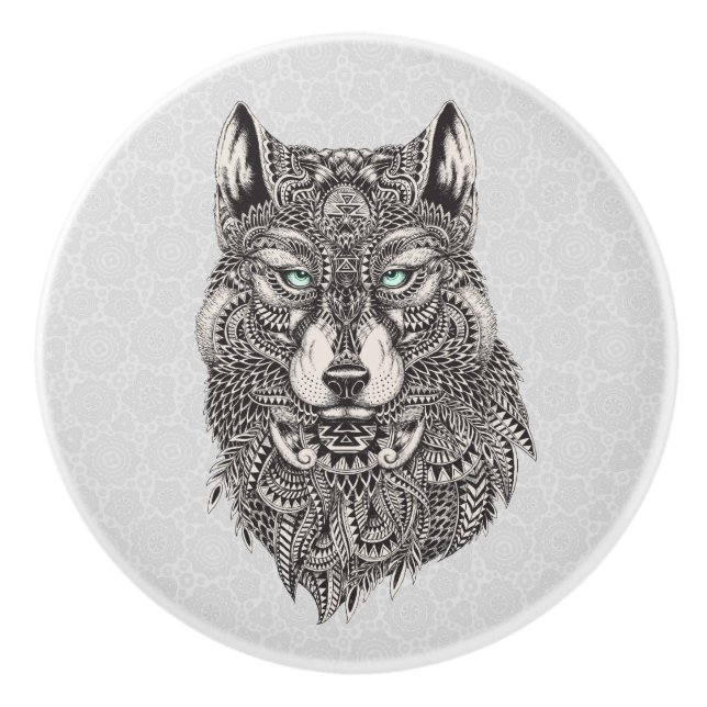 Black Wolf Head Abstract Illustration Ceramic Knob (Front)