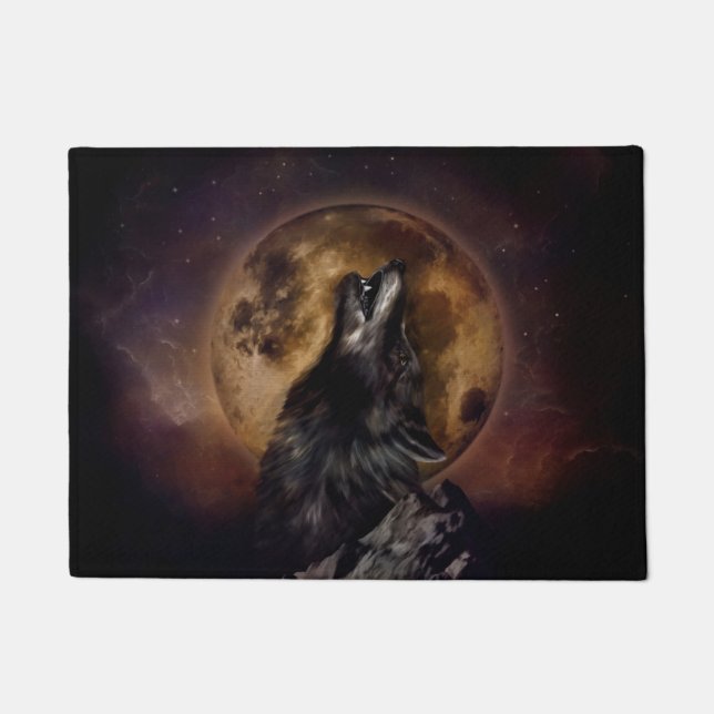 Black Wolf Howling Doormat (Front)