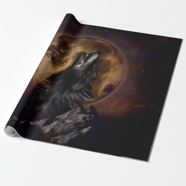 Black Wolf Howling Wrapping Paper (Unrolled)