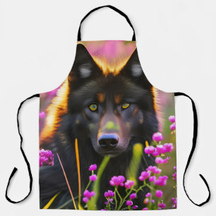 black wolf in pink flowers  apron