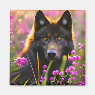Black wolf in pink flowers magnet