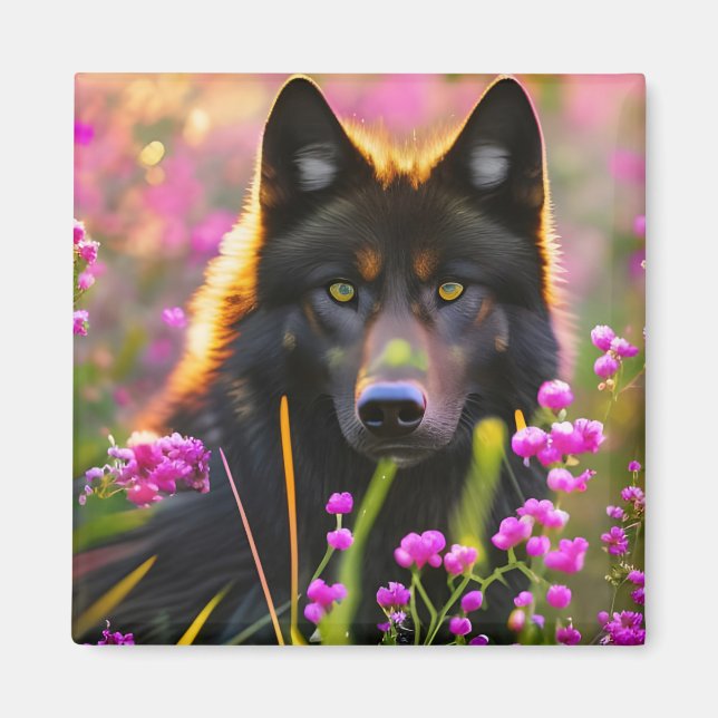 Black wolf  in pink flowers magnet (Front)