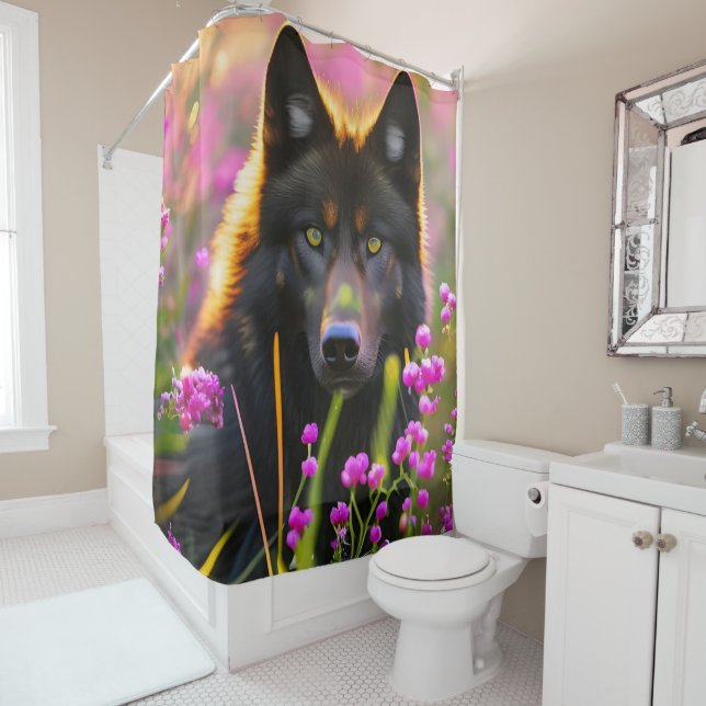 Black wolf  in pink flowers  shower curtain (In Situ)