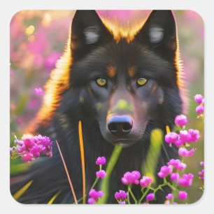 black wolf in pink flowers square sticker
