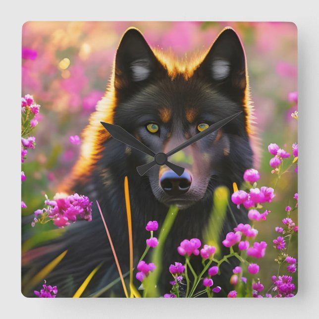 black wolf in pink flowers  square wall clock (Front)