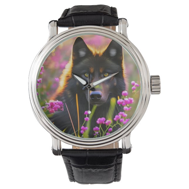 black wolf in pink flowers   watch (Front)