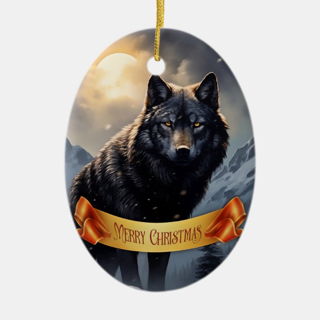 Black Wolf in Snowy Mountains Ceramic Tree Decoration (Front)