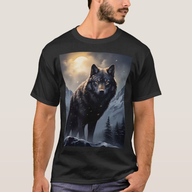 Black Wolf in Snowy Mountains T-Shirt (Front)