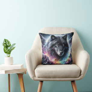 Black Wolf Lightning Storm Celestial Wildlife Cushion