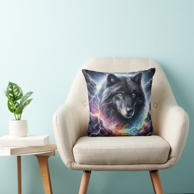 Black Wolf Lightning Storm Celestial Wildlife Cushion (Chair)