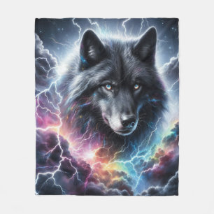 Black Wolf Lightning Storm Celestial Wildlife Fleece Blanket