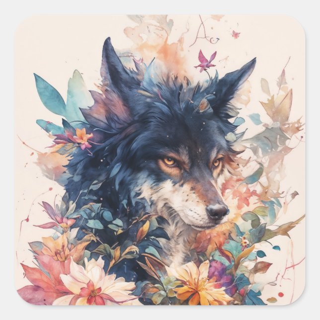 Black Wolf Portrait with Autumn Leaves Square Sticker (Front)